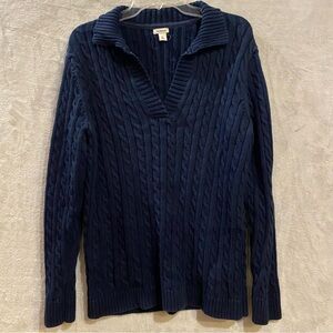 LL Bean Sweater Women’s  XL Blue Cable Knit Vneck Pullover Long Sleeve Cotton